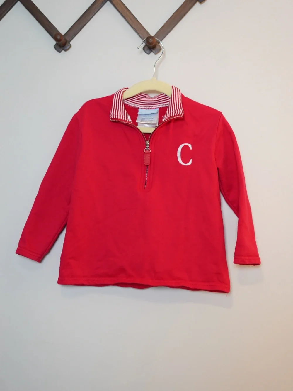 Classic Whimsy Red Quarter-Zip Top with Striped Collar and “C” monogram